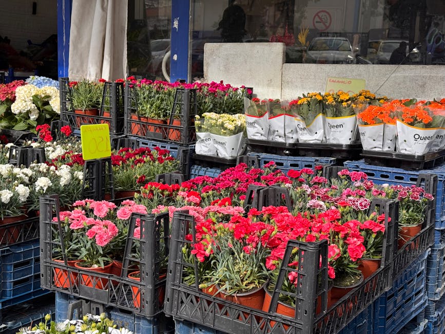 A display of various potted flowers arranged outdoors in black plastic crates, featuring pink, red, white, orange, and yellow blooms, with some wrapped in white paper with black text. The flowers appe