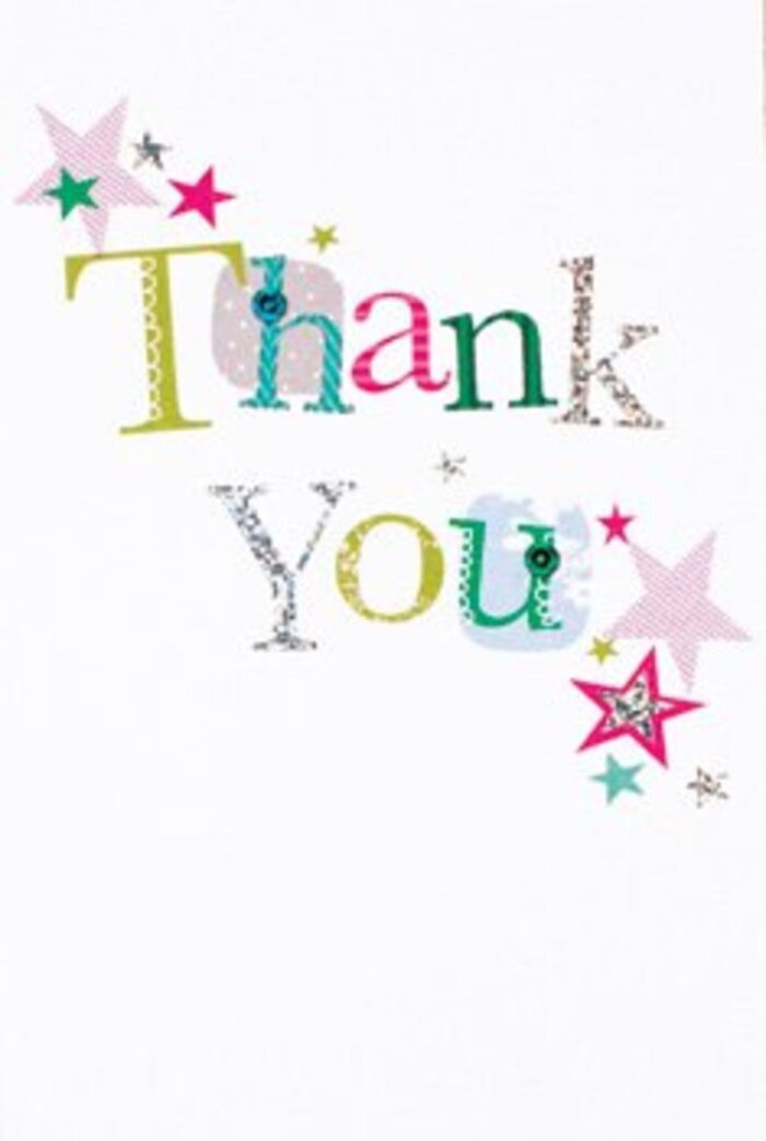 The thoughtful arrangement of colour and playfulness in this thank you card brings to mind the gentle elegance found in Perivale's neighbourhood gardens. Each letter forming 'Thank You' seems to possess its own personality-some upright and stately, others rounded or whimsically dotted-layered with hues of mint, berry, turquoise, and silver that ripple with life against a spotless white backdrop. Little stars, striped in pink, dusted with teal, or sparkling with silvery accents, fill the corners as if bestowing their own blessings, reminiscent of the joyful scattering of petals outside Perivale's historic churches after a celebration. The composition is airy, leaving each colour and textured flourish space to breathe-never rushed, always composed-echoing the sense of calm you might find on a quiet walk along the Grand Union Canal. The card strikes a perfect balance between modern artistry and heartfelt warmth, suited for every occasion gratitude is due. It feels as if you could run your fingers across the subtle embossing and sense the intention behind each detail, much as you would in a bespoke bouquet from a skilled Perivale florist, where every choice is made to lift someone's spirits.