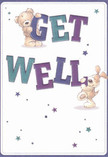 Brimming with cheerful optimism, this get well card radiates warmth across Perivale-perfect for anyone needing a gentle pick-me-up. Two adorable companions, a cuddly teddy bear and a floppy-eared puppy, spring into life as they joyfully balance and embrace the large, painterly letters of 'Get Well'. The inviting hues of indigo and teal in the bold text stand out against a creamy, luminous background, mirroring the vibrant charm often seen in window displays at Perivale Florist. Scattered stars in soft purples and cool blues shimmer above and around the pair, infusing the scene with playful hope and encouragement. The bear's plush fur and the puppy's inviting ears are illustrated with such softness, they seem ready to offer comfort with a single glance. This card delivers not just words, but the sincere emotional support needed for a bright recovery, right here in the heart of Perivale.